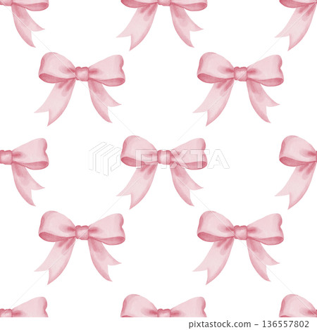 Watercolor seamless pattern of pink satin bows on white background. Light, romantic style. Perfect for greeting cards, packaging, children's projects, fabric, textile designs 136557802