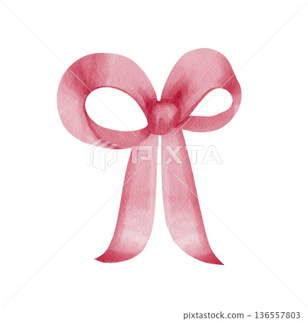 Watercolor illustration of satin pink bow, isolated on white background, minimalist style. Perfect for decorating cards, invitations, romantic gift wrapping, and projects 136557803