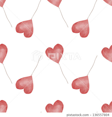 Seamless watercolor pattern with red heart-shaped balloons. Hand-drawn, white background. For romantic gift wrap, festive textiles, and cheerful Valentine's Day packaging Seamless watercolor pattern with red heart-shaped balloons. Hand-drawn, white background. For romantic gift wrap, festive textiles, and cheerful Valentine's Day packaging 136557804