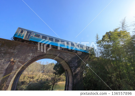 Looking up at the Yodo Line diesel train crossing the Megane Bridge in Nishigakata Looking up at the Yodo Line diesel train crossing the Megane Bridge in Nishigakata 136557896
