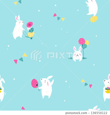 Cute Easter Bunny Seamless Pattern with Eggs and Holiday Elements 136558122