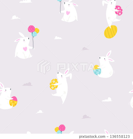 Cute Easter Bunny Seamless Pattern with Eggs and Holiday Elements Cute Easter Bunny Seamless Pattern with Eggs and Holiday Elements 136558123