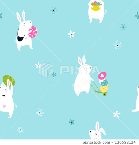 Cute Easter Bunny Seamless Pattern with Eggs and Holiday Elements Cute Easter Bunny Seamless Pattern with Eggs and Holiday Elements 136558124