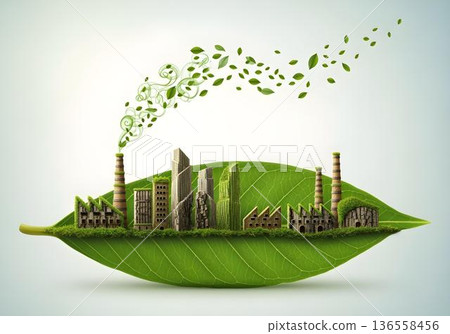 Green leaf supporting eco city with skyscrapers houses solar panels and wind turbines symbolizing renewable energy urban sustainability and climate action 136558456