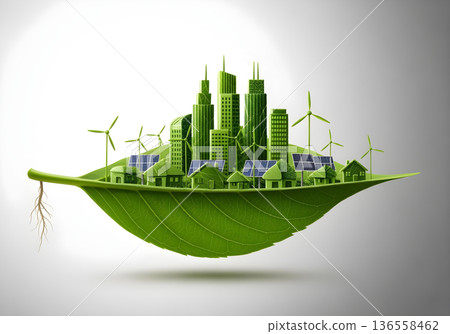 Green leaf supporting eco city with skyscrapers houses solar panels and wind turbines symbolizing renewable energy urban sustainability and climate action Green leaf supporting eco city with skyscrapers houses solar panels and wind turbines symbolizing renewable energy urban sustainability and climate action 136558462