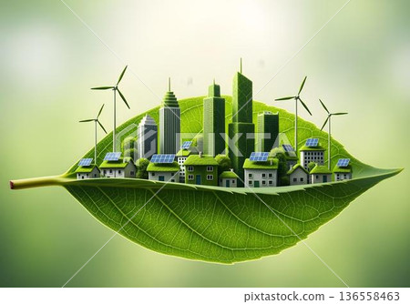 Green leaf supporting eco city with skyscrapers houses solar panels and wind turbines symbolizing renewable energy urban sustainability and climate action 136558463