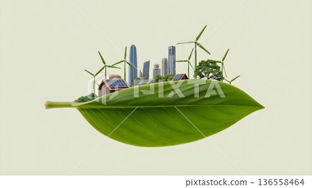 Green leaf supporting eco city with skyscrapers houses solar panels and wind turbines symbolizing renewable energy urban sustainability and climate action 136558464