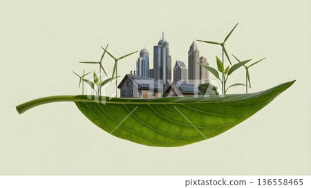 Green leaf supporting eco city with skyscrapers houses solar panels and wind turbines symbolizing renewable energy urban sustainability and climate action 136558465