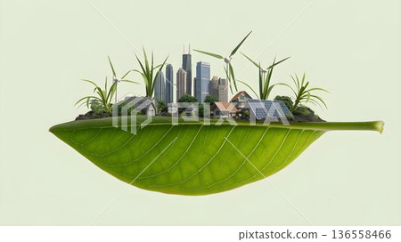 Green leaf supporting eco city with skyscrapers houses solar panels and wind turbines symbolizing renewable energy urban sustainability and climate action 136558466