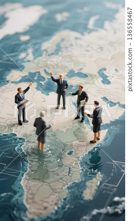 Miniature world leaders standing in water on world map debating climate change and rising sea levels representing delay in action and global warming effects 136558467