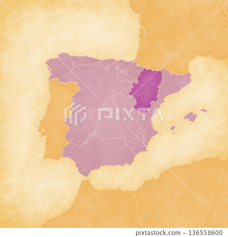 Ocher map of Spain - Aragon 136558600