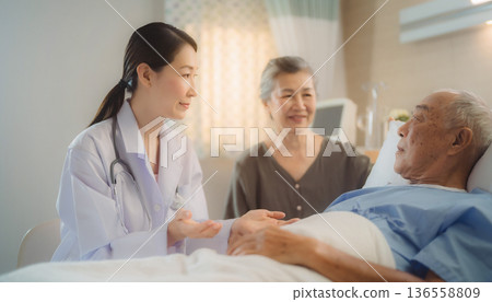 An elderly man and his family talking to a doctor in a hospital room An elderly man and his family talking to a doctor in a hospital room 136558809