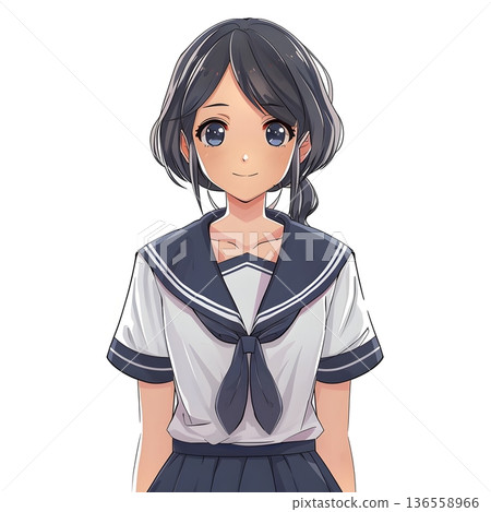 一位微笑的女學生身穿水手服的插圖，日本，初中生，高中生，夏季服裝，新學期，乾淨整潔，白色背景 136558966