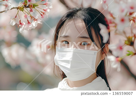 Portrait of a young Japanese woman wearing a mask and smiling under cherry blossoms. Image of measures against hay fever in spring and a new life. 136559007
