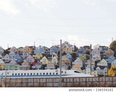 Kanagawa Prefecture: Colorful residential areas and a speeding Shinkansen train, January 136559181