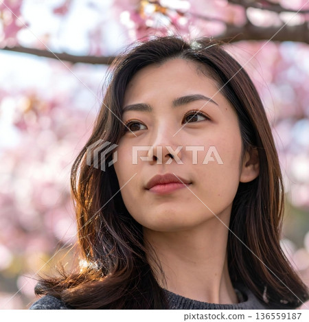 一位女子凝視著遠方，周圍是盛開的櫻花樹，春日的陽光溫柔地照耀著她的側臉。 136559187