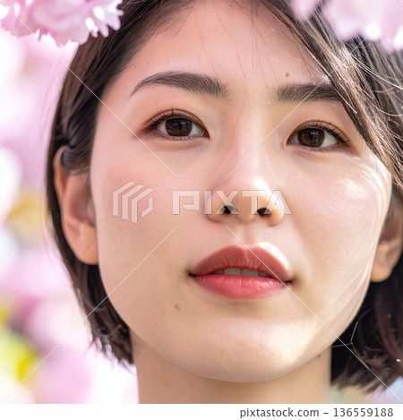 一位神態安詳的女子，被櫻花環繞，沐浴在溫暖的春日陽光中。 136559188