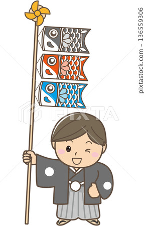 Character illustration of a boy in Japanese clothing holding a carp streamer on Children's Day Character illustration of a boy in Japanese clothing holding a carp streamer on Children's Day 136559306