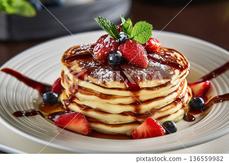 Stack of pancakes served on white plate in cozy dining setting. Dish topped with fresh berries and mint leaves. Drizzle of syrup. Decorative for design or restaurant menu Stack of pancakes served on white plate in cozy dining setting. Dish topped with fresh berries and mint leaves. Drizzle of syrup. Decorative for design or restaurant menu 136559982