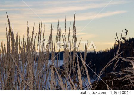 Sunset over the mountains and the fog in the valley. Sunset over the mountains and the fog in the valley. 136560044
