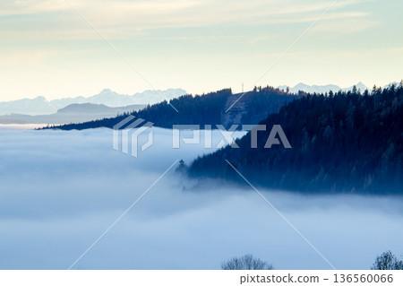 Landscape with sunset above the mountain tops in Austria 136560066