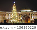 Christmas tree on Palace square, Saint-Petersburg, New Year and Christmas in Russia, glowing decor decoration in a winter snowy street, with night decor illumination, city outdoor lights and garlands 136560229