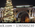 Christmas tree on Palace square, Saint-Petersburg, New Year and Christmas in Russia, glowing decor decoration in a winter snowy street, with night decor illumination, city outdoor lights and garlands 136560230