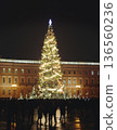 Christmas tree on Palace square, Saint-Petersburg, New Year and Christmas in Russia, glowing decor decoration in a winter snowy street, with night decor illumination, city outdoor lights and garlands 136560236