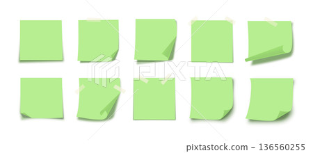 Green Sticky Notes Empty Template Pack with Folded Corners and Adhesive Tape. Minimal Clean Paper Memo Cards for Productivity Organization. Creative Office Blank Note Sticker Set. Vector Illustration 136560255