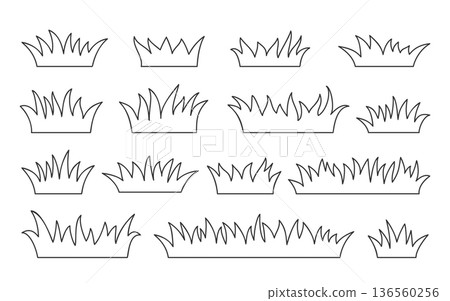 Grass Organic Growth Black Line Icon Set. Hand Drawn Outline Natural Meadow Lawn Elements for Landscape Coloring Page, Eco Backgrounds. Organic Grass Shapes Borders. DIY Stamping. Vector Illustration 136560256