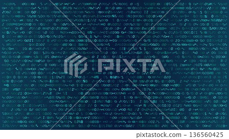 Alien Encryption - Distorted Binary and Script Glyphs on Deep Teal Technical Grid 136560425