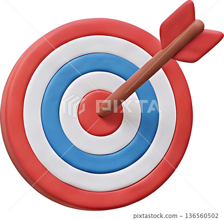 一支箭射中靶心的3D插圖，象徵目標的實現與成功。 136560502