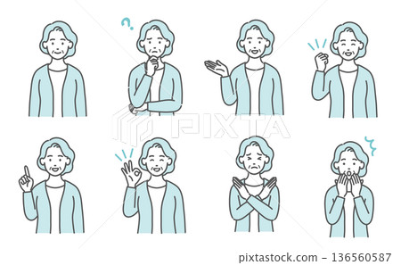老年女性臉部表情與姿勢圖集（8張，上半身插圖） 136560587