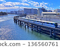 A monorail running along a curve at the waterfront and a modern cityscape 136560761