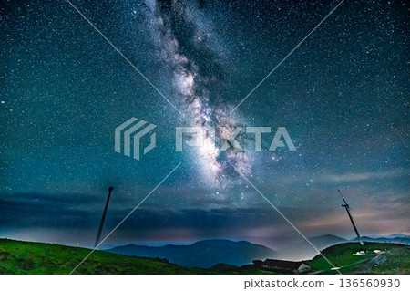 A fantastic night view of the starry sky and wind power generation A fantastic night view of the starry sky and wind power generation 136560930