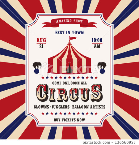 Circus retro invitation poster template with tent. Vector illustration Circus retro invitation poster template with tent. Vector illustration 136560955