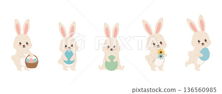 Cute cartoon Easter bunny rabbit set holding colorful eggs basket and spring flowers Cute cartoon Easter bunny rabbit set holding colorful eggs basket and spring flowers 136560985