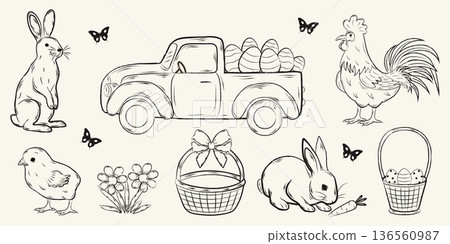 Hand-drawn Easter set in chalk and charcoal style with bunnies, rooster, truck carrying eggs and flowers. Spring doodle design. Vector 136560987