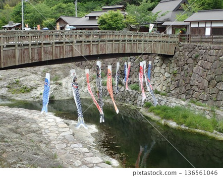 在香川縣高松市鹽江溫泉，橫跨江東川的一座橋上懸掛著鯉魚擬餌。 136561046