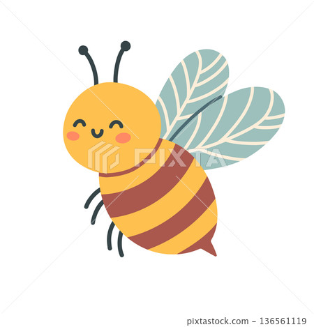 Simple cute little bee isolated on white background. Cute flat vector illustration in childish style. Simple happy bee, perfect for spring themes, nursery decor, stickers, planners, card, eco branding 136561119