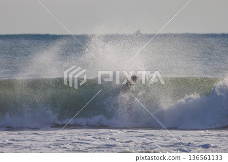 Silhouette of a surfer riding a wave, creating a huge splash (Ichinomiya Beach, Chiba Prefecture) Silhouette of a surfer riding a wave, creating a huge splash (Ichinomiya Beach, Chiba Prefecture) 136561133