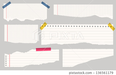 Torn white notebook and squared paper note collection with colorful adhesive tape 136561179