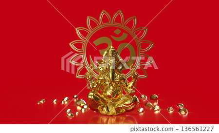 Golden Ganesha with Om Symbol on Red 3d render. Golden Ganesha with Om Symbol on Red 3d render. 136561227