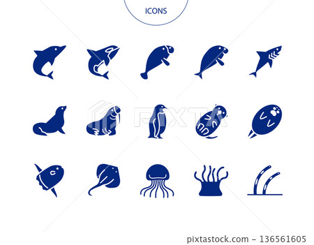Aquarium creatures icon pictogram vector illustration set Aquarium creatures icon pictogram vector illustration set 136561605