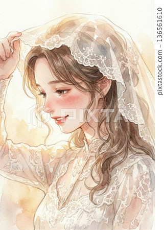 新娘微笑肖像，豎幅，簡潔的水彩風格 136561610