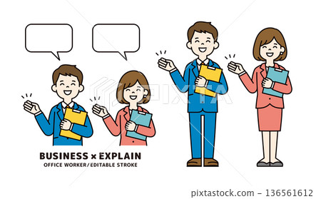 一組男女商務人士的上半身和全身向量插圖，他們手持文件，微笑著為顧客服務。 136561612