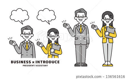 一套包含對話框、上半身和全身的向量插圖，用於介紹總裁、經理、女祕書和員工。 136561616
