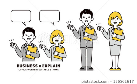 一套年輕男女商務人士上半身和全身向量插圖素材，描繪了他們為顧客遞送文件的過程。 136561617