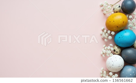 Assortment of colorful speckled Easter eggs and white baby breath flowers on a pastel pink background 136561662