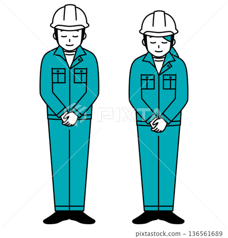 Set of male and female workers in helmets bowing Set of male and female workers in helmets bowing 136561689